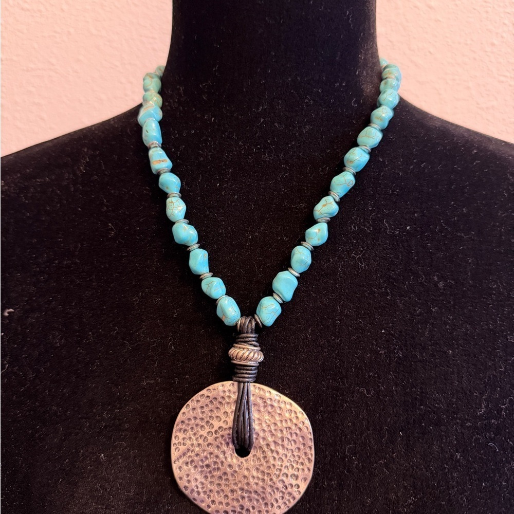 Boho Turquoise Necklace | Hammered Disc Pendant | Southwestern Style